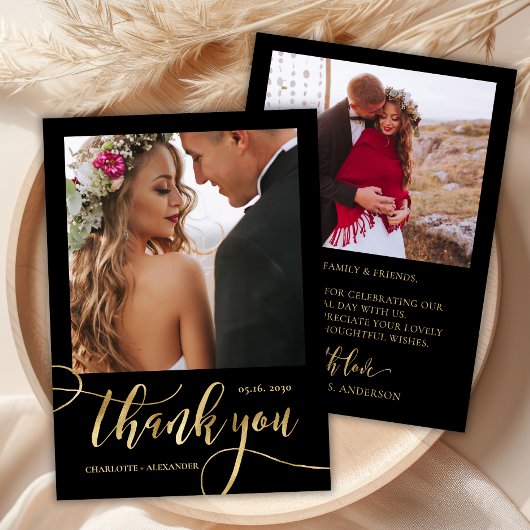 Carte De Remerciements Moderne Whimsical Huge Gold Script 2 Mariage photo