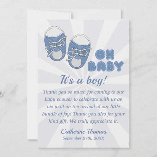 Carte De Remerciements Mon bébé | Chaussures bébé Dusty Baby shower garço (Devant)