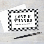Carte De Remerciements monograme de Rustic Black Gingham Plaid<br><div class="desc">A solive and stylish wedding "Love and Thanks" thank you card for a casual summer backyard BBQ event. Includes custom text for the bride and groom names or other wording. Black and white design colors with a gingham / tablecloth plaid patterned background. Folded card format includes space on the inside...</div>