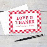 Carte De Remerciements Monograme de Rustic Red Gingham Plaid Wedding<br><div class="desc">A solive and stylish wedding "Love and Thanks" thank you card for a casual backyard summer BBQ event. Includes custom text for the bride and groom names or other wording. Red and white design colors with a gingham / tablecloth plaid patterned background. Folded card format includes space on the inside...</div>
