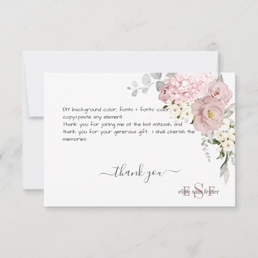 Carte De Remerciements Monogramme Aquarelle Dusty Rose Hydrangea (Dos)
