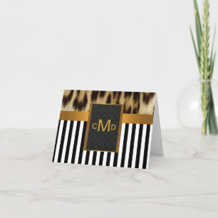 Carte De Remerciements Monogramme blanc de rayure de noir d'or de léopard