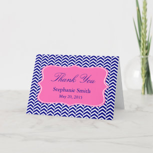 Carte De Remerciements Monogramme bleu marine avec motif chevron rose cha