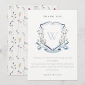 Carte De Remerciements Monogramme de fleur sauvage bleue aquatique Couron (Devant / Derrière)