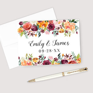 Carte De Remerciements Monogramme de mariage floral automnal rose Bourgog