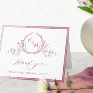 Carte De Remerciements Monogramme élégant de Bourgogne, mariage à l'aquar