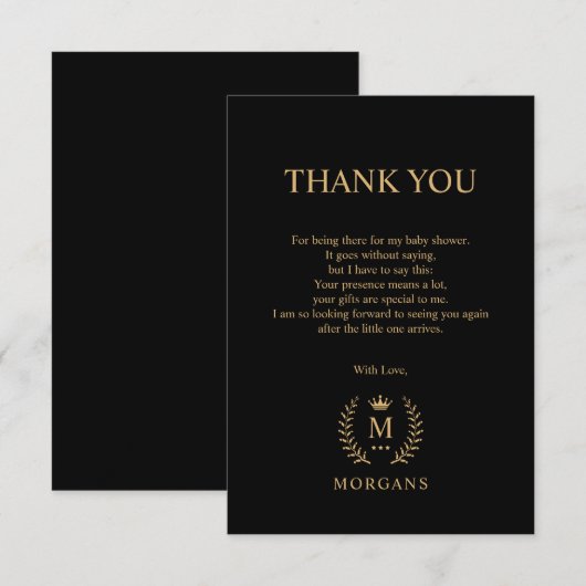 Carte De Remerciements Monogramme élégant noir et or (Devant / Derrière)