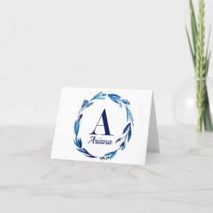 Carte De Remerciements Monogramme floral bleu 'A'