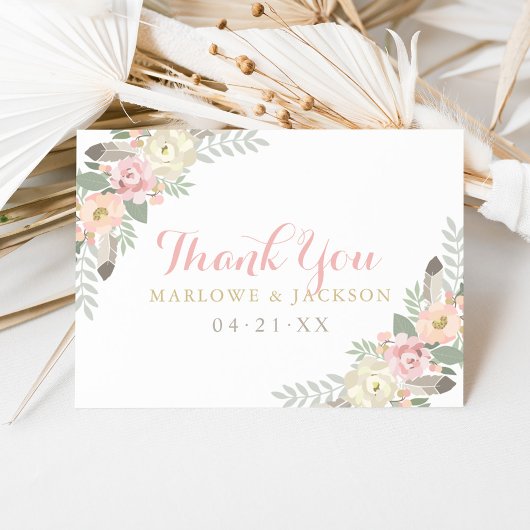 Carte De Remerciements Monogramme Mariage rose et or Floral Boho