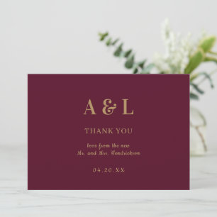 Carte De Remerciements Monogramme Minimaliste Mariage Bourgogne Or