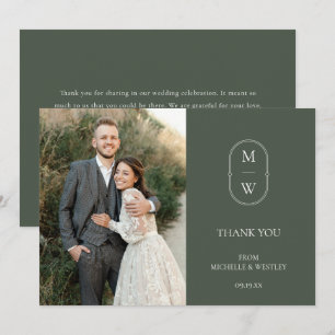 Carte De Remerciements Monogramme minimaliste Moss Mariage vert photo