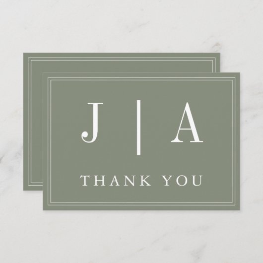 Carte De Remerciements Monogramme Moderne Simple Sage Vert Mariage blanc (Devant / Derrière)