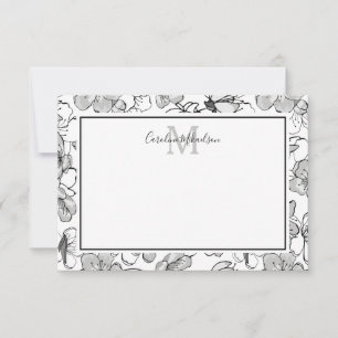Carte De Remerciements Monogramme Motif floral noir et blanc