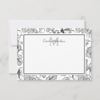 Carte De Remerciements Monogramme Motif floral noir et blanc