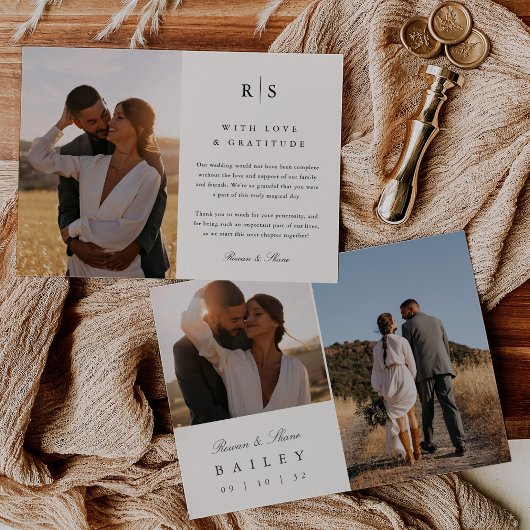 Carte De Remerciements Monogramme noir & écrin classique multi-photo