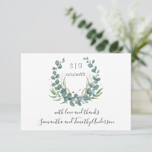Carte De Remerciements Monogramme Personnaliser Eucalyptus Script Mariage (Debout devant)