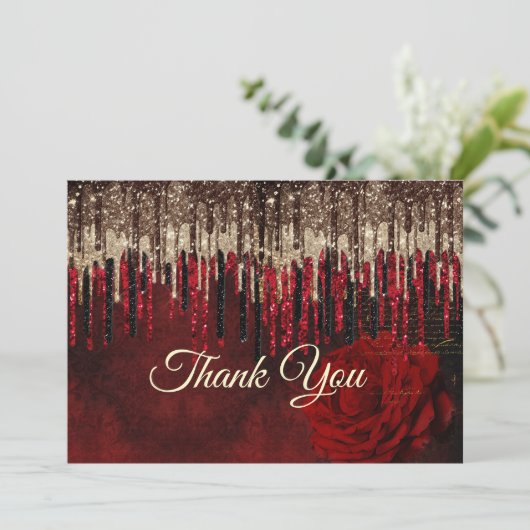 Carte De Remerciements Monogramme scintillant aux gouttes dorées avec fle (Debout devant)