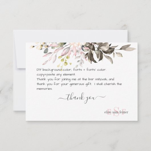 Carte De Remerciements Monogramme Vert Blush Eucalyptus Chute Foliage (Dos)