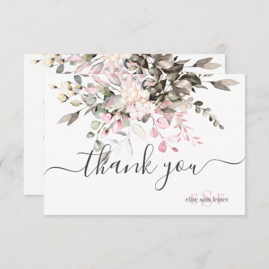 Carte De Remerciements Monogramme Vert Blush Eucalyptus Chute Foliage (Devant / Derrière)