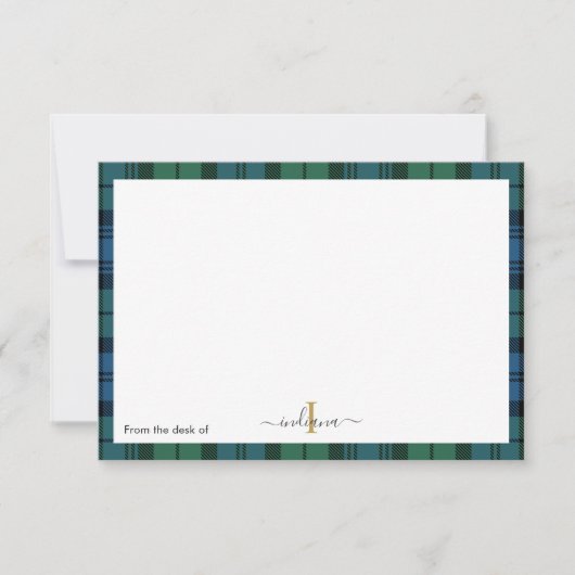 Carte De Remerciements Monogramme vert plaid Script Nom rustique Tartan (Devant)