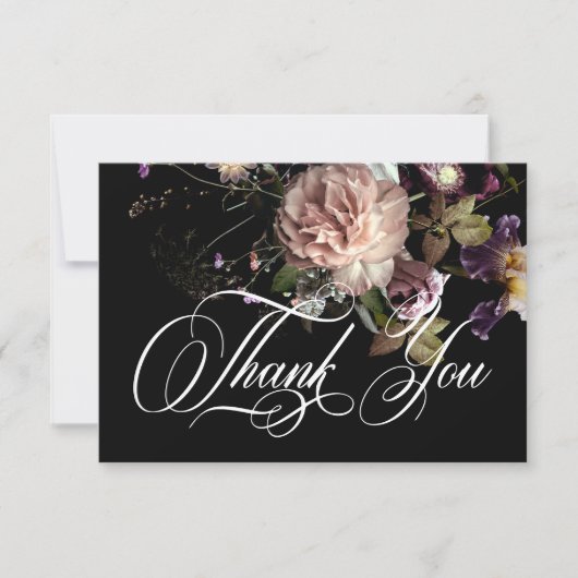 Carte De Remerciements Moody foncé Pastel Opulent Floral Mariage noir (Devant)