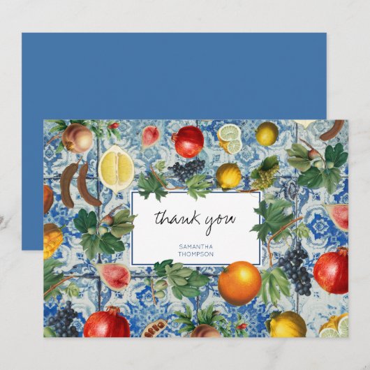 Carte De Remerciements Mosaïque bleue de fruits d'été méditerranéens Merc (Devant / Derrière)