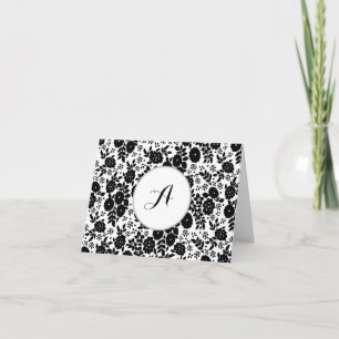 Carte De Remerciements Motif de fleur de monogramme personnalisé noir et
