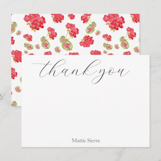 Carte De Remerciements Motif de géraniums aquarelles (Devant / Derrière)