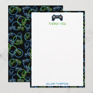 Carte De Remerciements Motif de monogramme bleu néon et vert de jeu vidéo