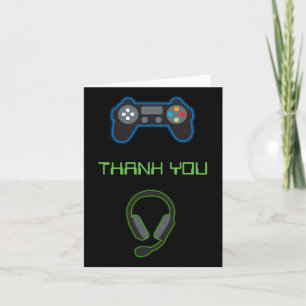 Carte De Remerciements Motif de monogramme bleu néon et vert de jeu vidéo