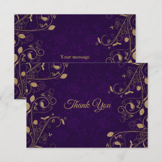 Carte De Remerciements Motif floral doré feuilles mariage moderne violet