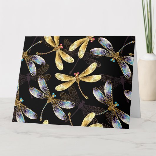 Carte De Remerciements Motif sans couture avec libellules d'or (Devant)