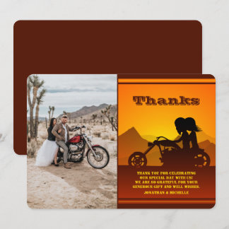 Carte De Remerciements Moto Couple Mountain Sunset Mariage photo