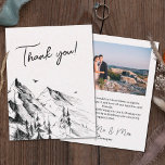 Carte De Remerciements Mountain forest rustic photo wedding<br><div class="desc">Send these mountain forest-themed Thank you cards to thank your guest for being part of your special day. The front of the card presents a hand-drawn black-and-white sketch of a mountain pines forest, complemented with the customizable caption "Thank you!" in black calligraphy font. The back is customizable with one of...</div>