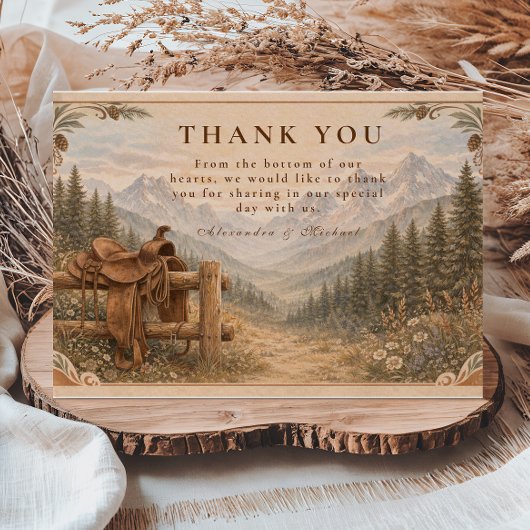Carte De Remerciements Mountain Forest Western Saddle Wedding