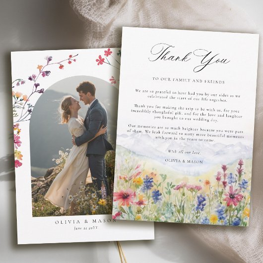 Carte De Remerciements Mountains Scene Rustic Meadow Wildflowers Wedding