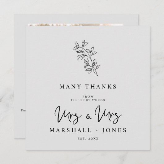 Carte De Remerciements MRS & MRS Wedding Black Fancy Minimalist Branches (Devant / Derrière)