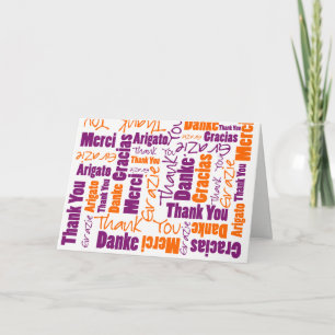 Carte De Remerciements Multilingual Purple Orange Typographie Collage