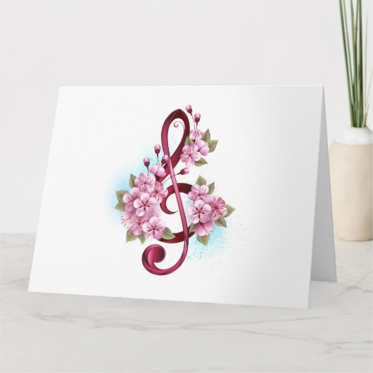 Carte De Remerciements Musical treble clef notes with sakura flowers (Devant)