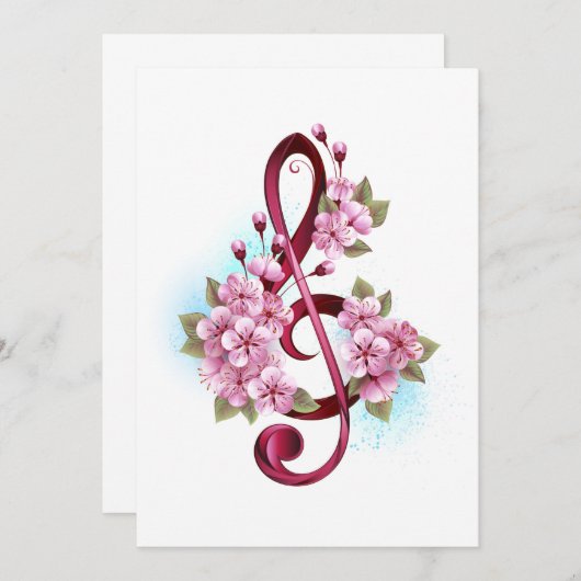 Carte De Remerciements Musical treble clef notes with sakura flowers (Devant / Derrière)