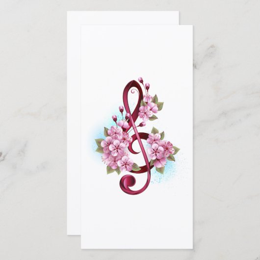 Carte De Remerciements Musical treble clef notes with sakura flowers (Devant / Derrière)