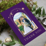 Carte De Remerciements Mystic Purple Gold Sun Moon Stars Mariage photo<br><div class="desc">Mystical Chic Purple Gold Sun Moon Stars Astronomie céleste Espace Photo Mariage Merci Les cartes offrent le soleil, la lune et les étoiles avec un cadre doré entourant votre photo préférée sur un arrière - plan violet. Au verso, ajoutez votre message de remerciement personnalisé et une image supplémentaire. Personnalisez en...</div>