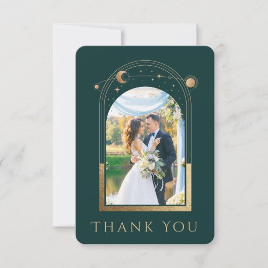 Carte De Remerciements Mystical Green Gold Sun Moon Stars Mariage photo (Devant)