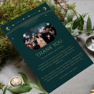 Carte De Remerciements Mystical Green Gold Sun Moon Stars Mariage photo