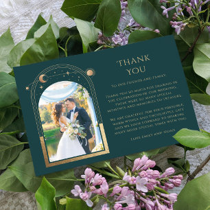Carte De Remerciements Mystical Green Gold Sun Moon Stars Mariage photo