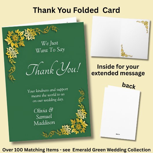 Carte De Remerciements Names & Message on Emerald Green & Gold