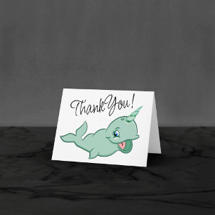 Carte De Remerciements Narwhal Vert   Vie marine de dessin animé chibi me