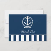 Carte De Remerciements Nautical Navy Anchor Stripes Mariage Monogramme (Devant)