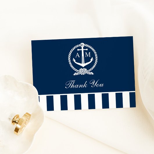 Carte De Remerciements Nautical Navy Anchor Stripes Mariage Monogramme