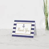 Carte De Remerciements Nautical Navy Blue Stripes Anchor Gold Script (Devant)
